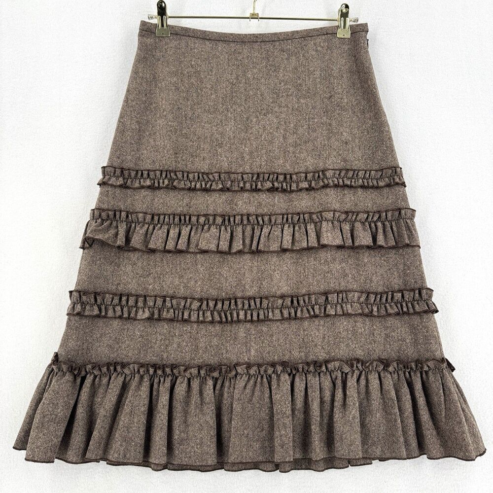 Ann Taylor LOFT Wool Ruffle Midi Skirt Size 4 Brown Academia Victorian Steampunk